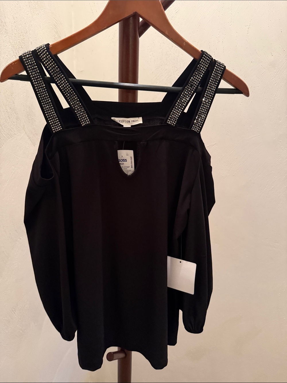 Perseption Black Cold-Shoulder Blouse with Jeweled Straps